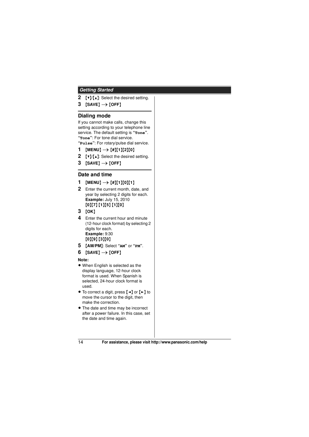 Panasonic KX-TG4031, KXTG4031B, KX-TG4053, KX-TG4052, KX-TG4034, KX-TG4054, KX-TG4032 Dialing mode, Date and time, Example 