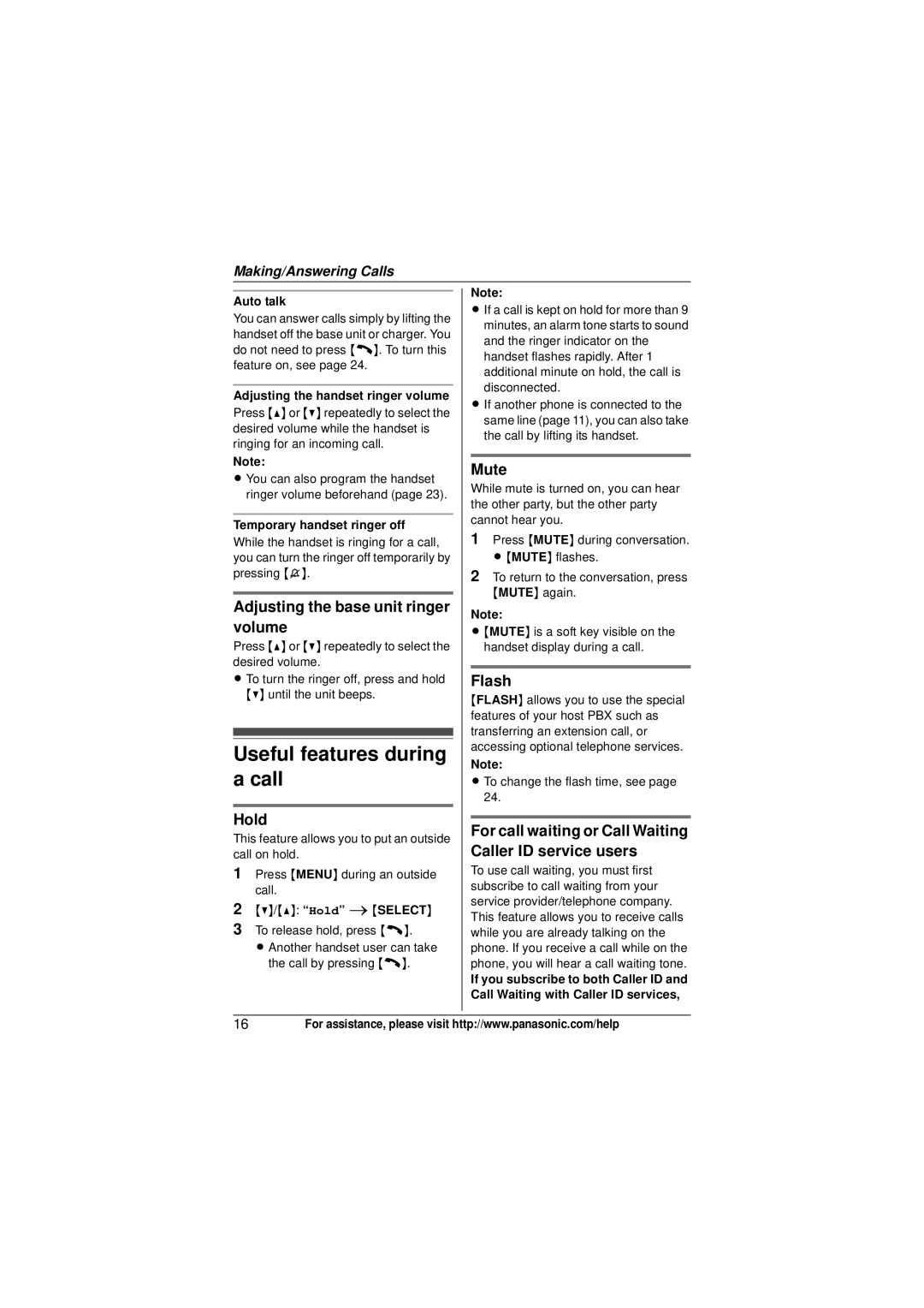 Panasonic KXTG4031B, KX-TG4053 Useful features during a call, Adjusting the base unit ringer volume, Hold, Mute, Flash 