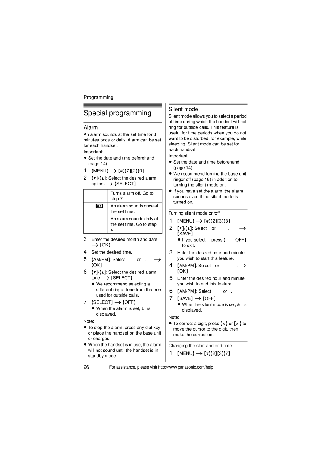 Panasonic KX-TG4052 Special programming, Alarm, Silent mode, Turning silent mode on/off, Changing the start and end time 