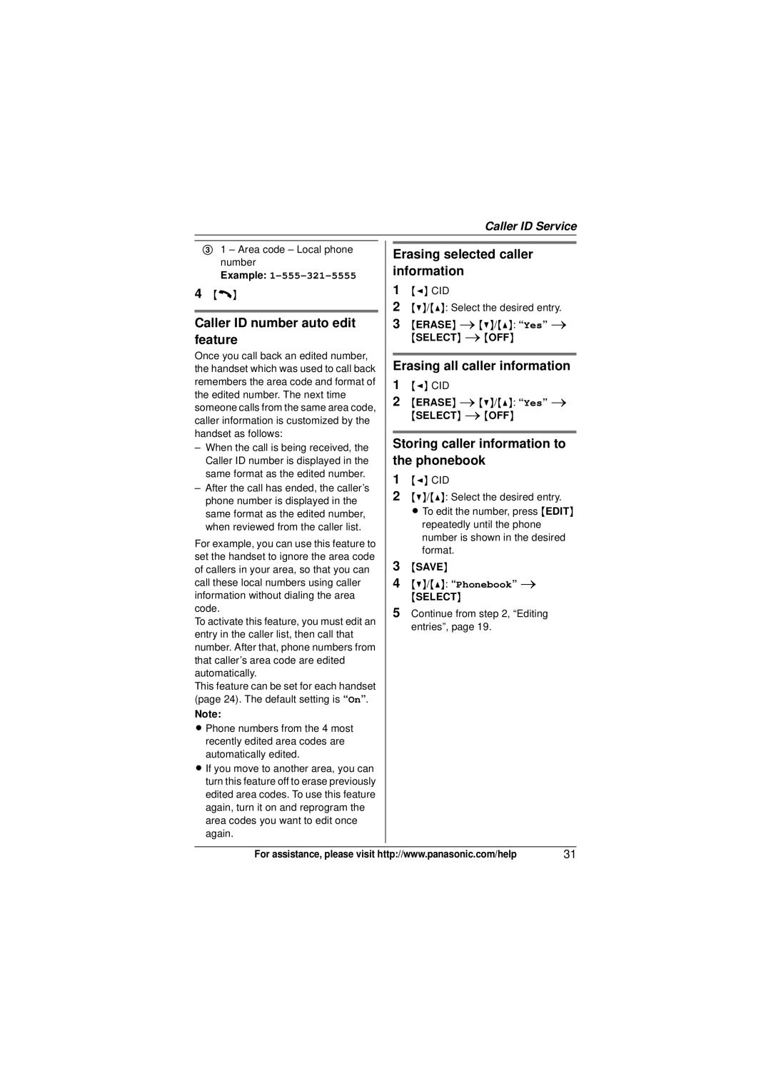 Panasonic KX-TG4033, KXTG4031B Erasing selected caller, Information, Caller ID number auto edit, Feature, Phonebook 