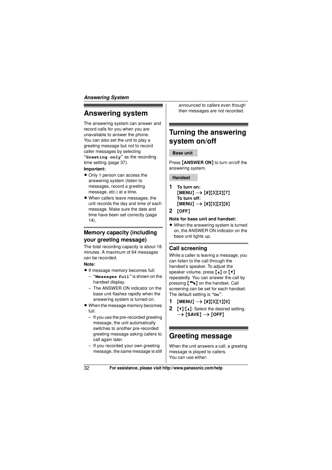 Panasonic KXTG4031B, KX-TG4053 Answering system, Turning the answering system on/off, Greeting message, Call screening 