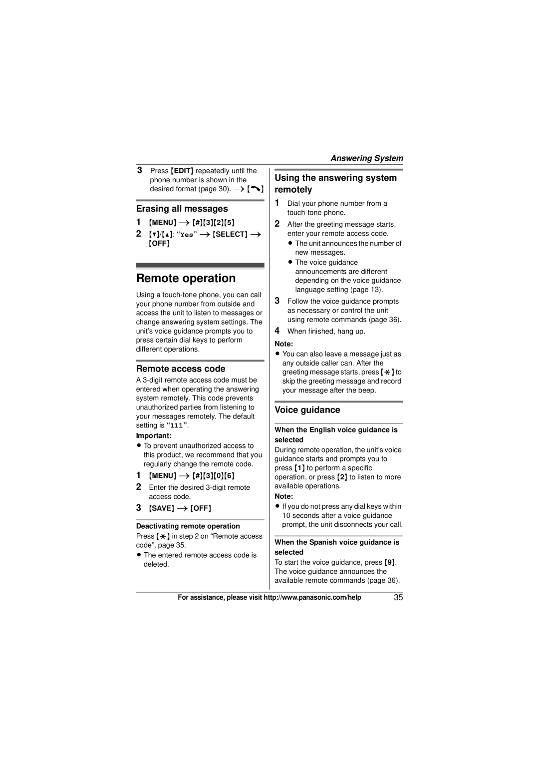 Panasonic KX-TG4034, KXTG4031B Remote operation, Remote access code, Using the answering system remotely, Voice guidance 