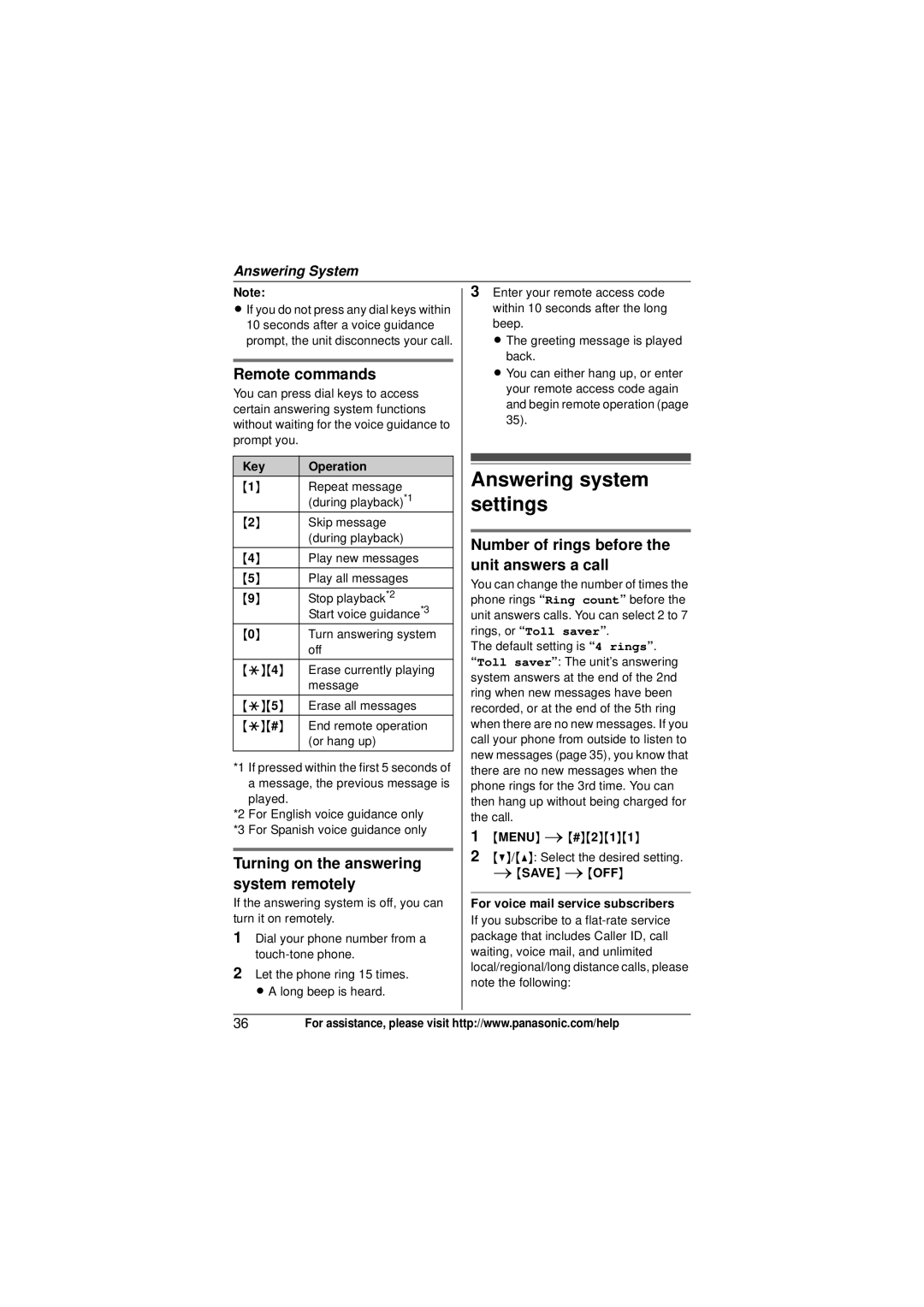 Panasonic KX-TG4054, KXTG4031B Answering system settings, Remote commands, Turning on the answering system remotely 