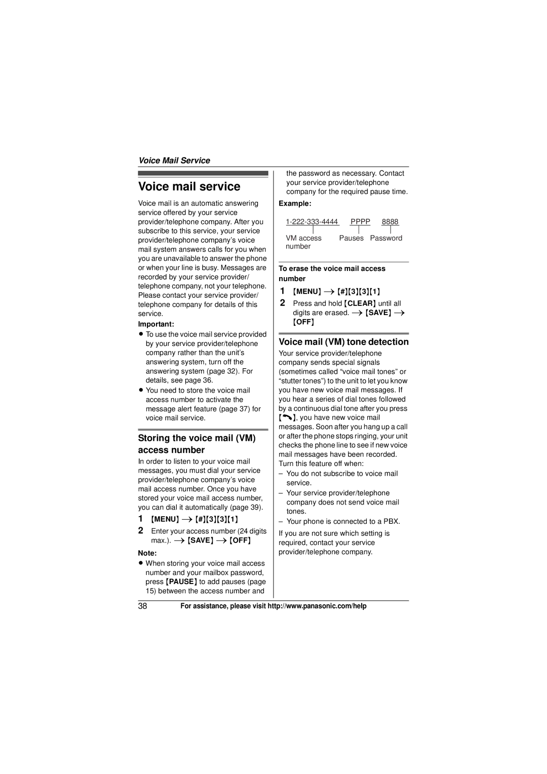 Panasonic KX-TG4031, KXTG4031B Voice mail service, Storing the voice mail VM access number, Voice mail VM tone detection 