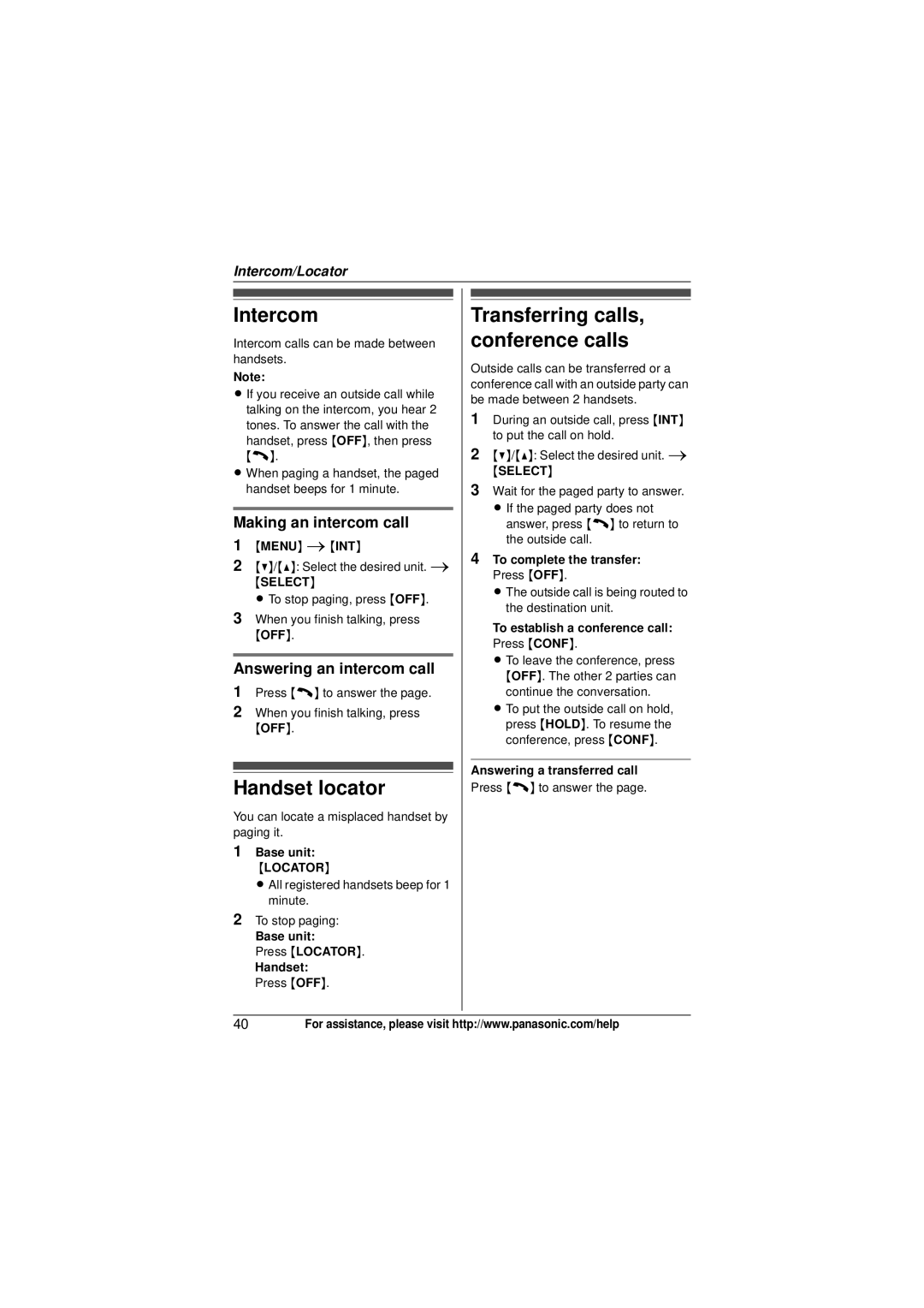 Panasonic KXTG4031B, KX-TG4053, KX-TG4052 Intercom, Handset locator, Making an intercom call, Answering an intercom call 