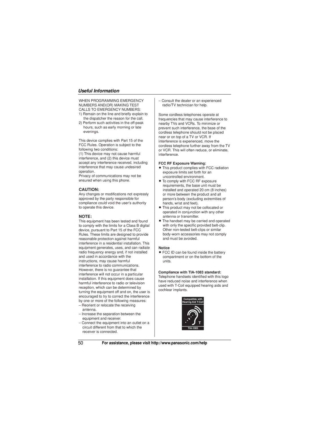 Panasonic KX-TG4052, KXTG4031B, KX-TG4053, KX-TG4034, KX-TG4054, KX-TG4032, KX-TG4031, KX-TG4033 FCC RF Exposure Warning 