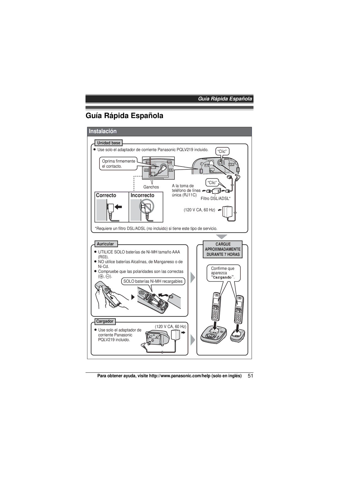 Panasonic KX-TG4034, KXTG4031B, KX-TG4053, KX-TG4052, KX-TG4054, KX-TG4032, KX-TG4031 Guía Rápida Española, Correcto Incorrecto 