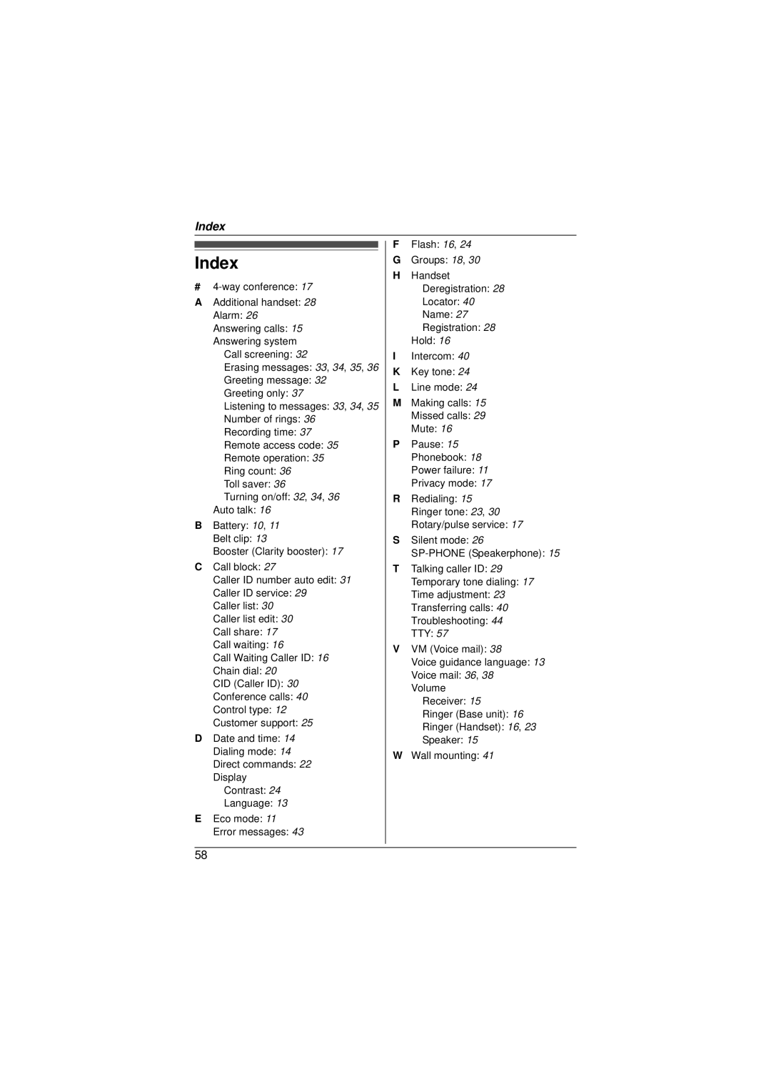 Panasonic KX-TG4052, KXTG4031B, KX-TG4053, KX-TG4034, KX-TG4054, KX-TG4032, KX-TG4031, KX-TG4033 operating instructions Index 