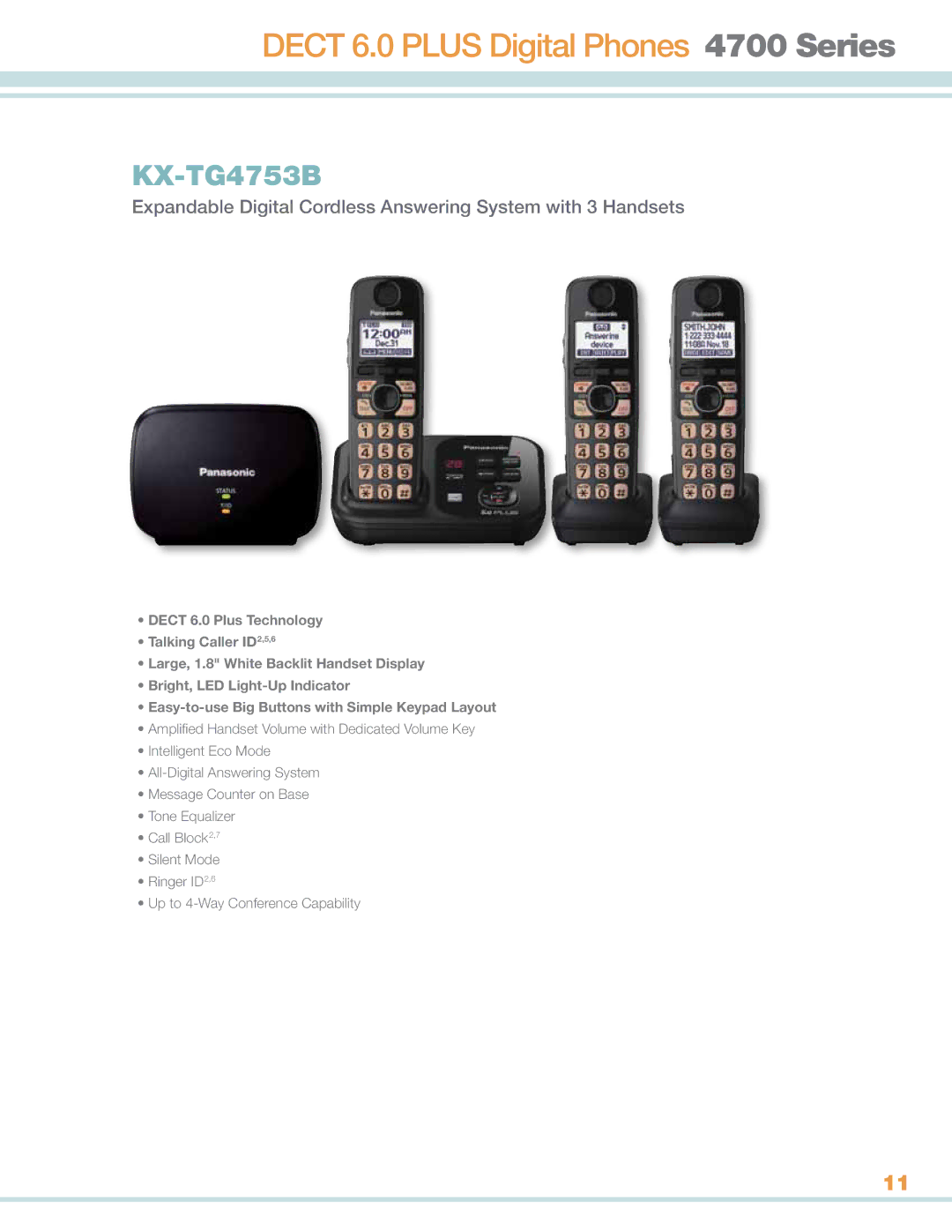 Panasonic KXTG4732B manual Dect 6.0 Plus Digital Phones 4700 Series, KX-TG4753B 