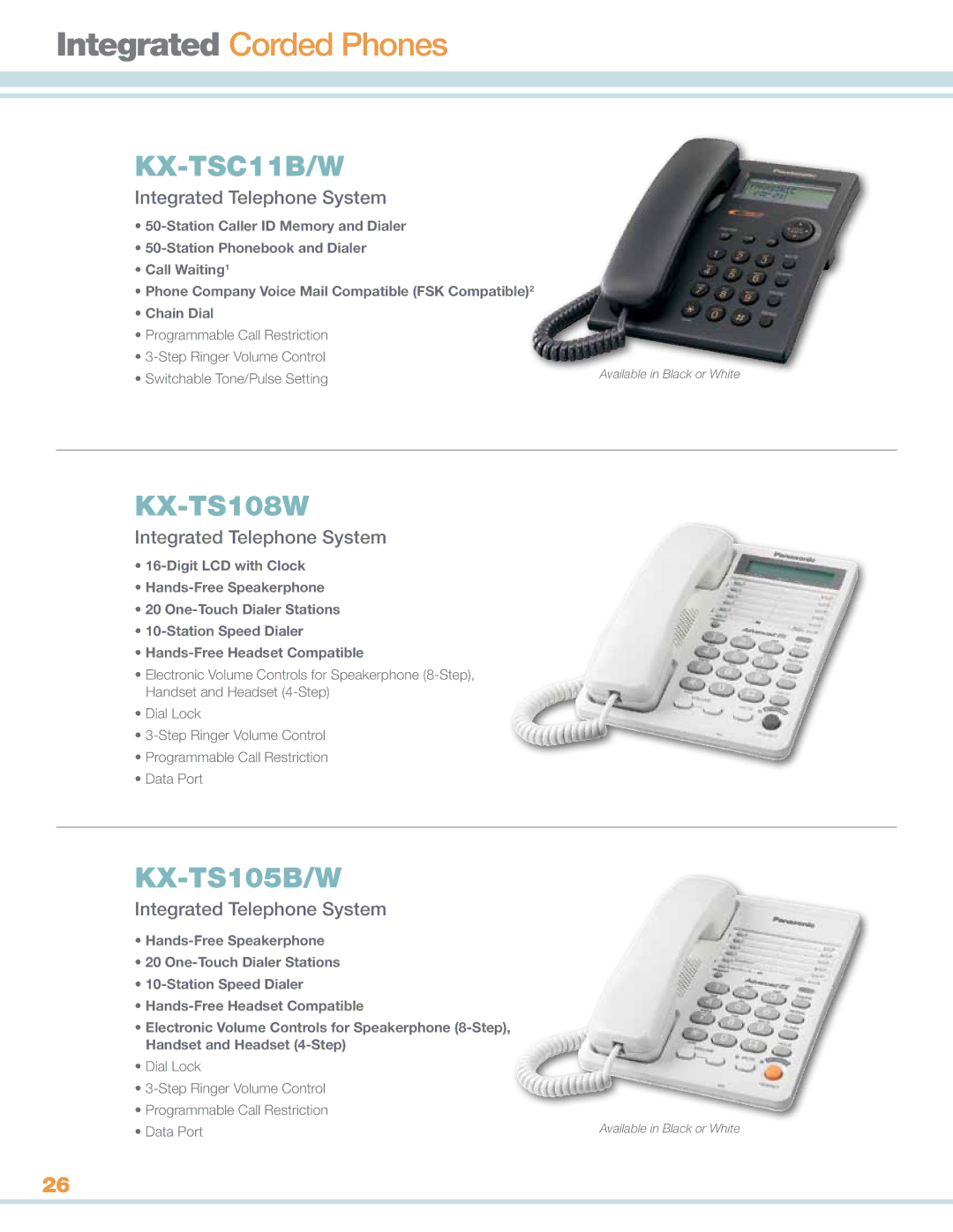 Panasonic KXTG4732B manual Integrated Corded Phones, KX-TSC11B/W 