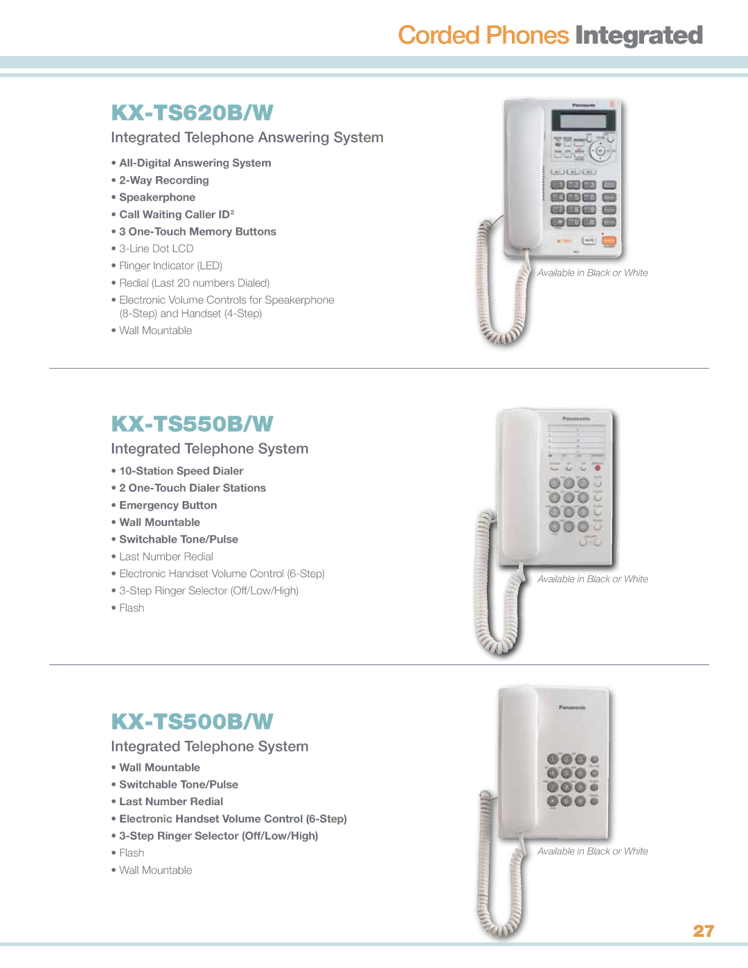 Panasonic KXTG4732B manual Corded Phones Integrated, KX-TS550B/W 