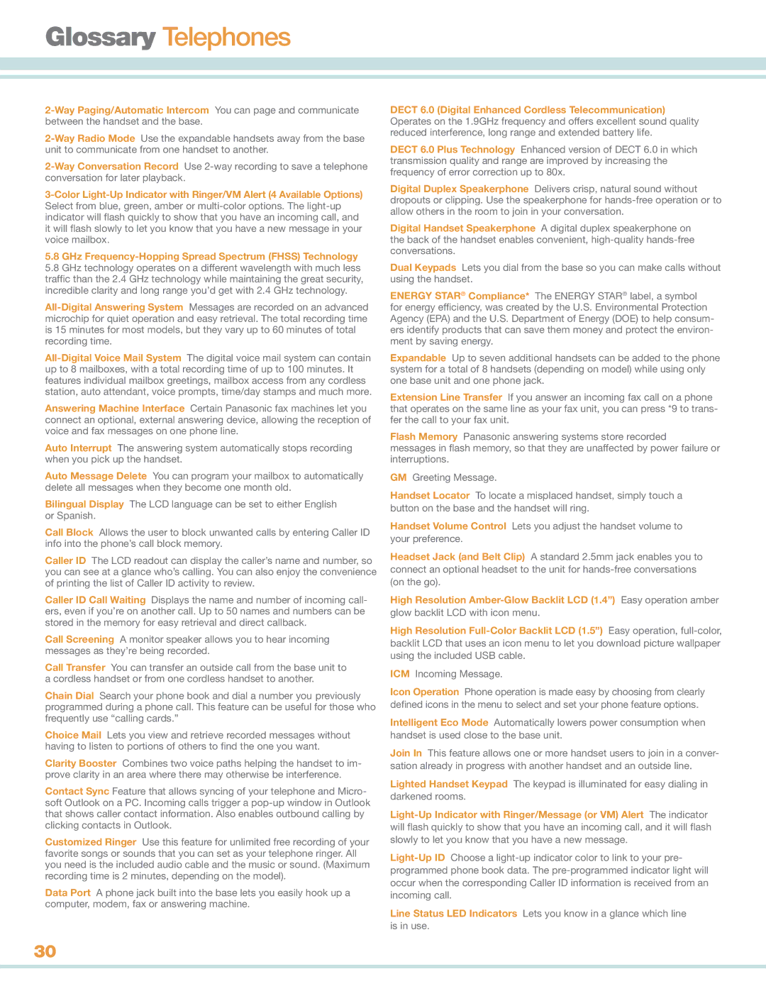 Panasonic KXTG4732B manual Glossary Telephones, GHz Frequency-Hopping Spread Spectrum Fhss Technology 