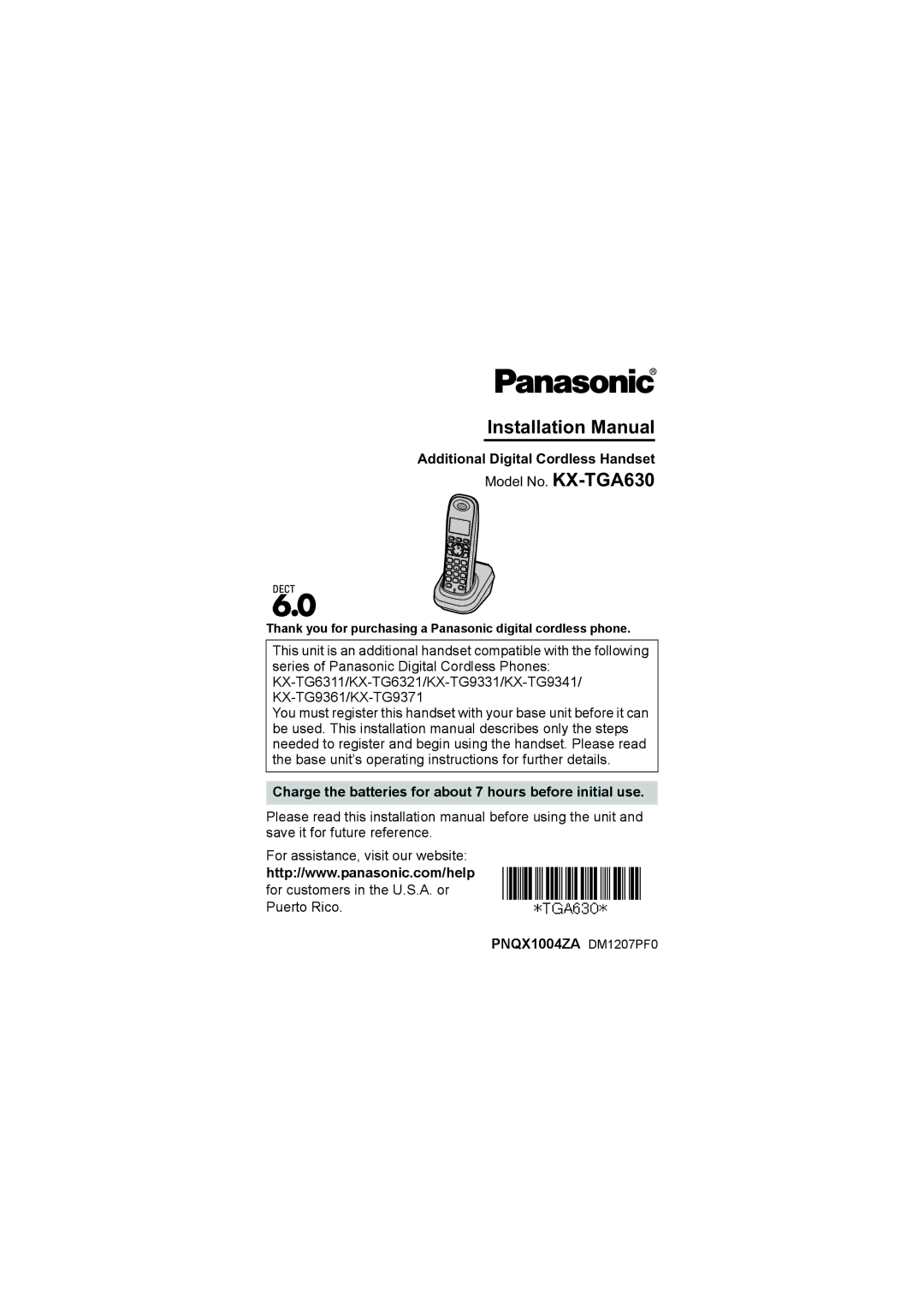 Panasonic KXTGA630 installation manual Installation Manual, Thank you for purchasing a Panasonic digital cordless phone 