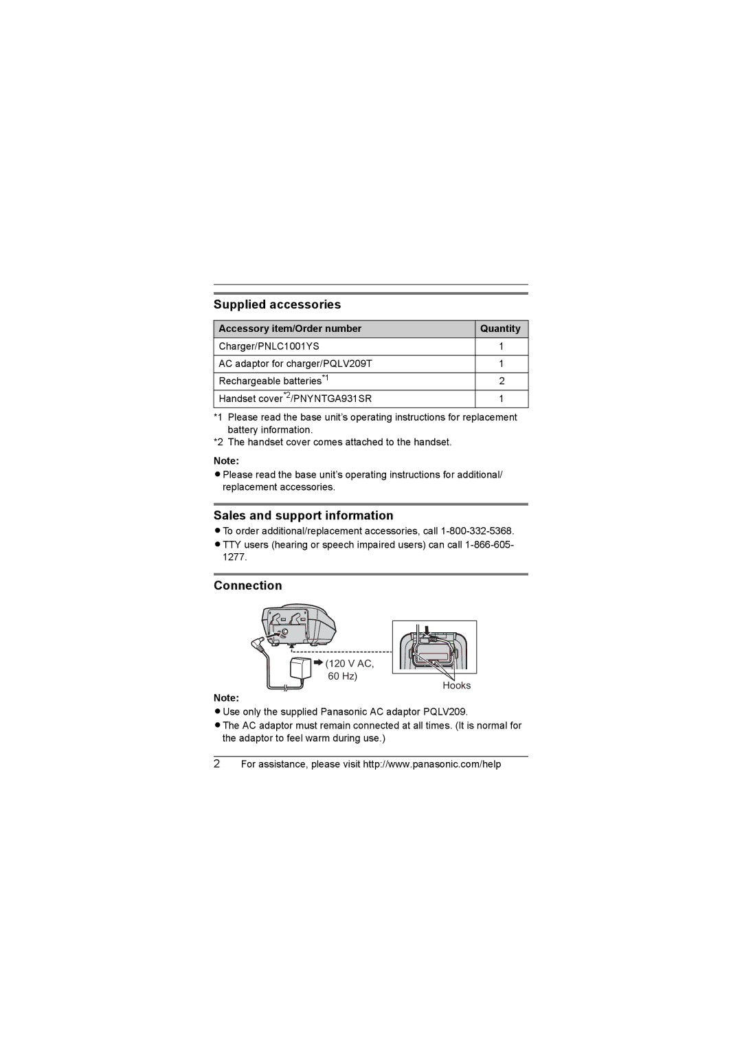 Panasonic KXTGA630 Supplied accessories, Sales and support information, Connection, Accessory item/Order number Quantity 