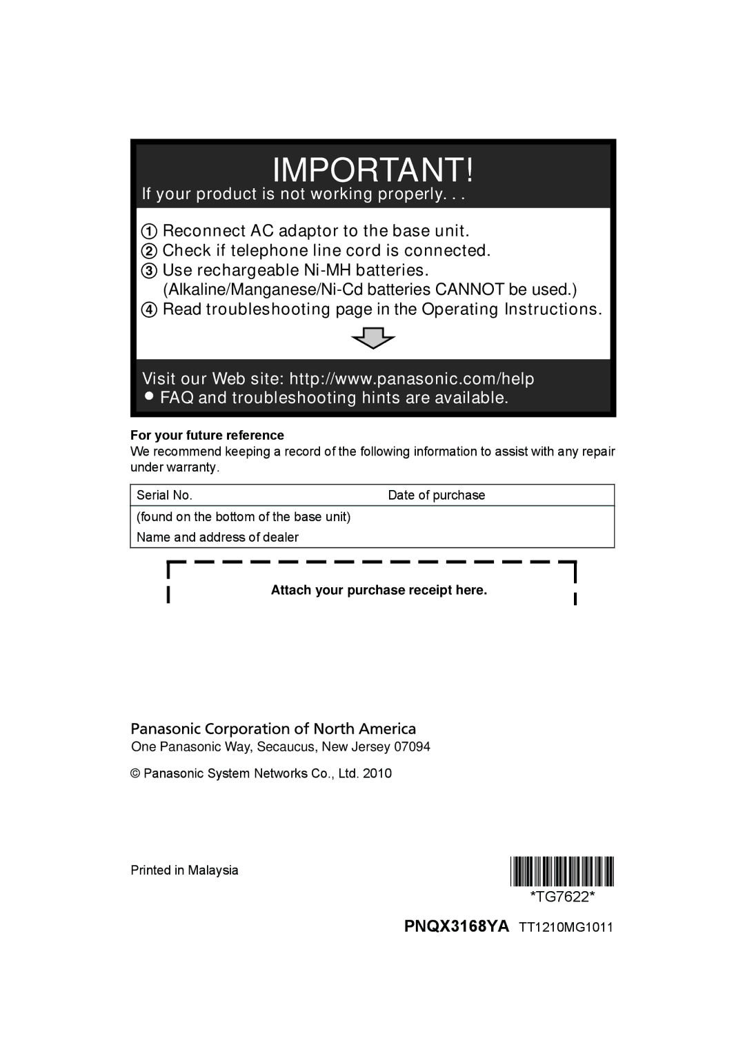 Panasonic KX-TG7643M, KXTGA660B Read troubleshooting page in the Operating Instructions, For your future reference 