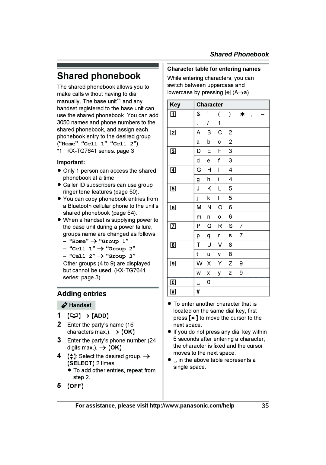 Panasonic KX-TG7643, KXTGA660B Shared phonebook, Adding entries, Character table for entering names, Key Character 