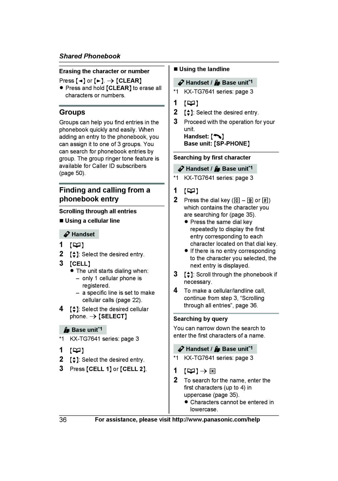 Panasonic KXTG7642M, KXTGA660B Groups, Finding and calling from a phonebook entry, Erasing the character or number 