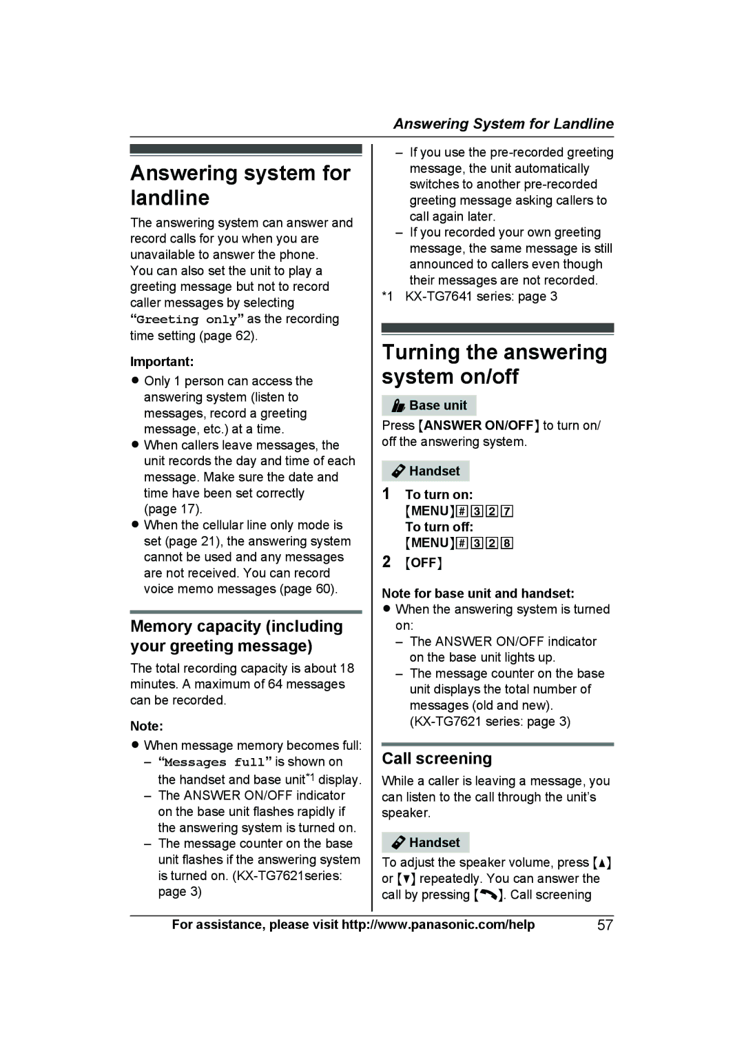 Panasonic KX-TG7644 Answering system for landline, Turning the answering system on/off, Call screening, Handset To turn on 