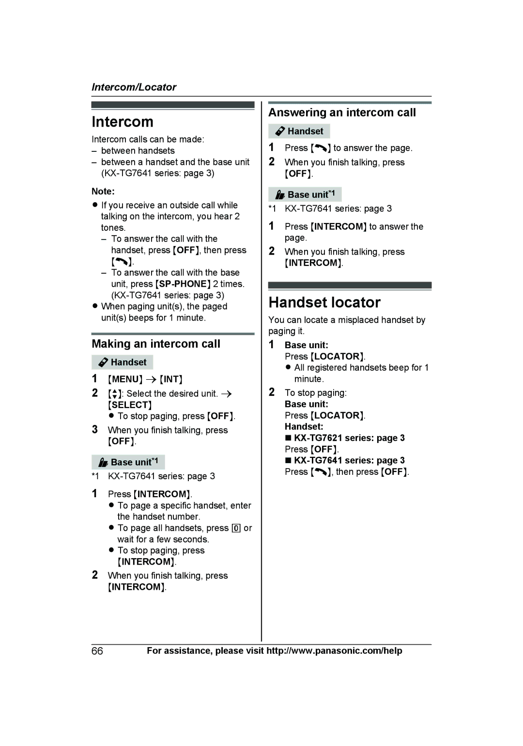 Panasonic KX-TG7622, KXTGA660B Intercom, Handset locator, Making an intercom call, Answering an intercom call, Mintercomn 