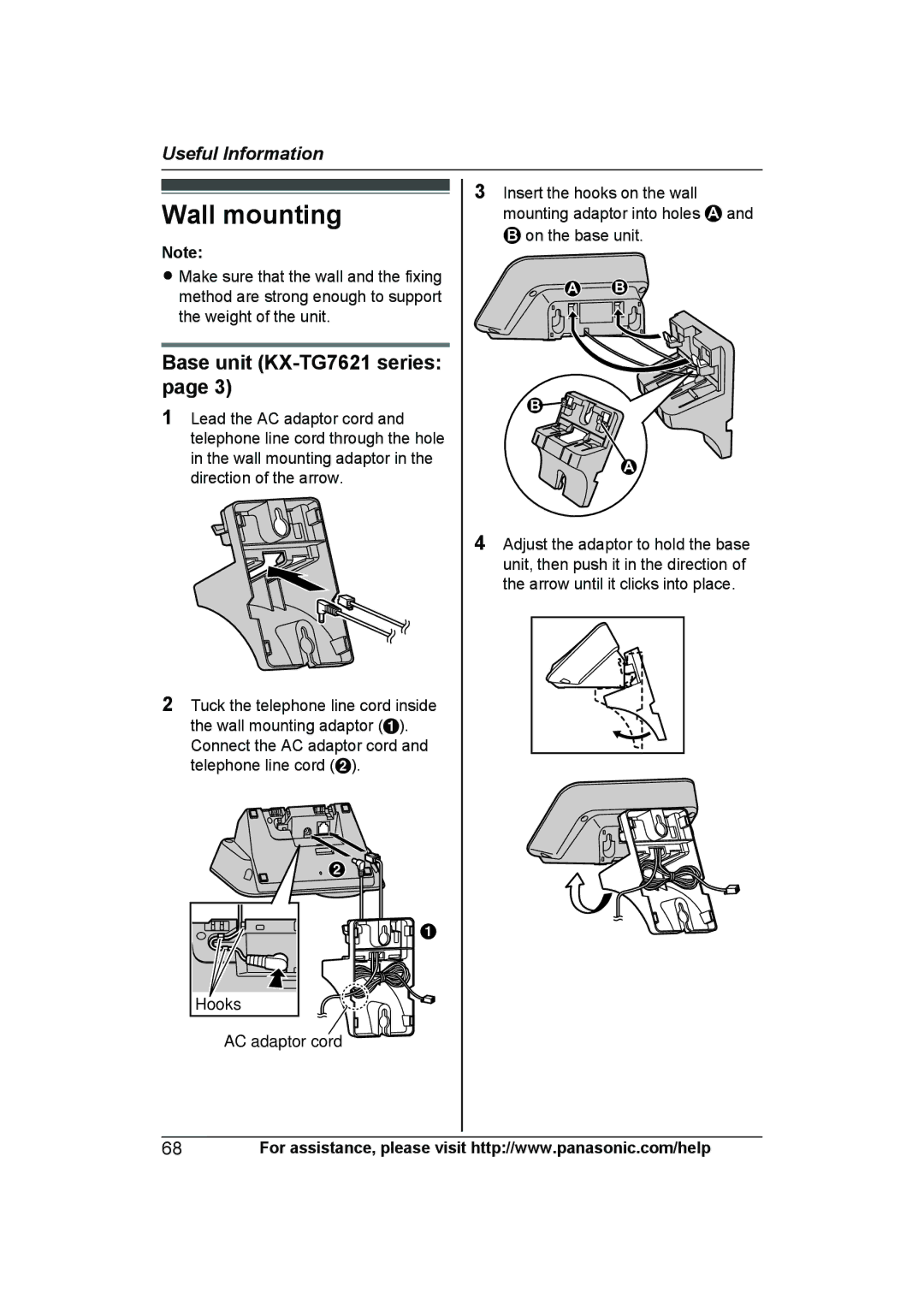 Panasonic KX-TG7623, KXTGA660B, KX-TGA660B, KXTGA410B, KX-TGA660M, KX-TG7645M Wall mounting, Base unit KX-TG7621 series 