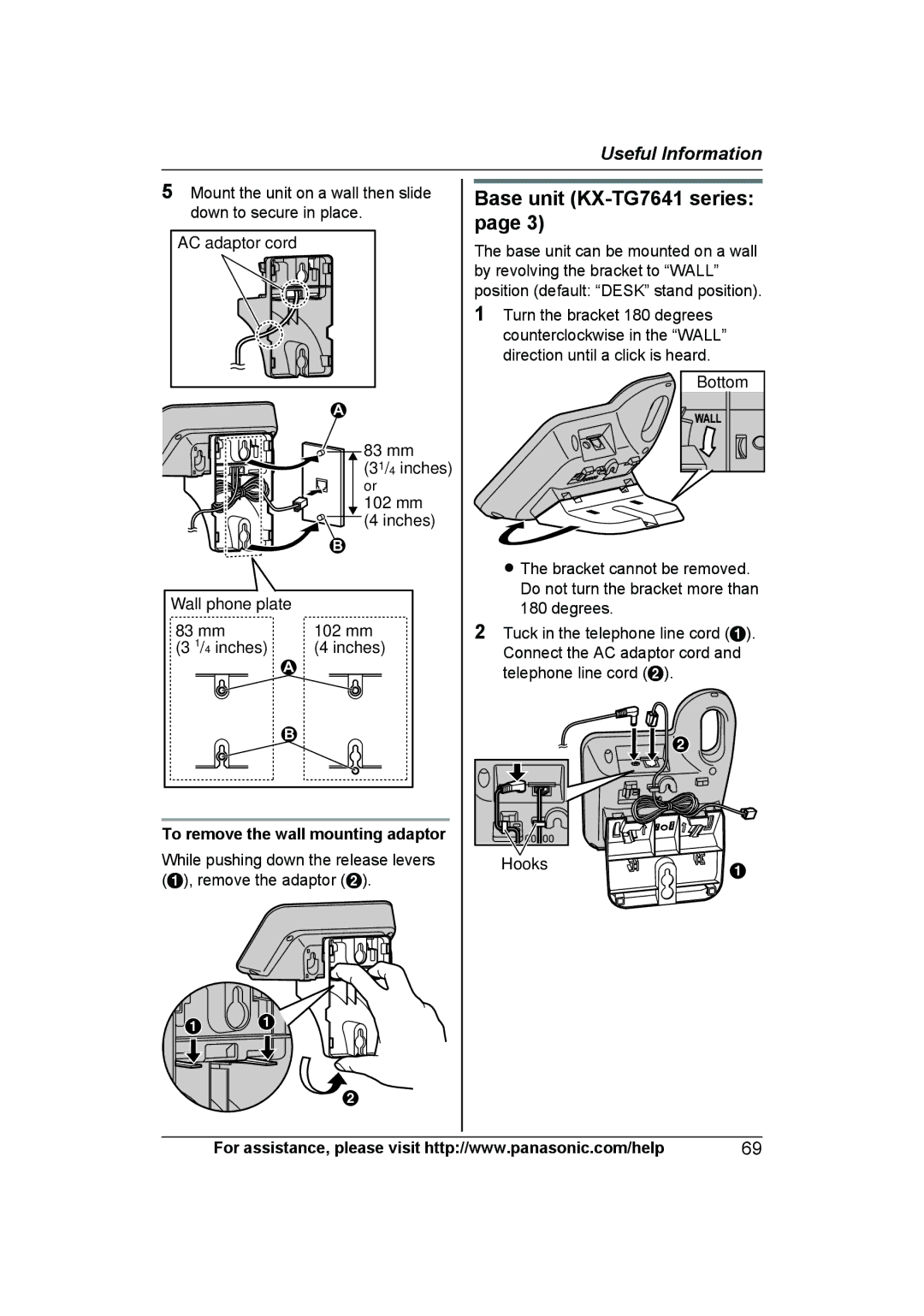 Panasonic KXTGA660B, KX-TGA660B, KXTGA410B, KXTG7623B Base unit KX-TG7641 series, Hooks, To remove the wall mounting adaptor 