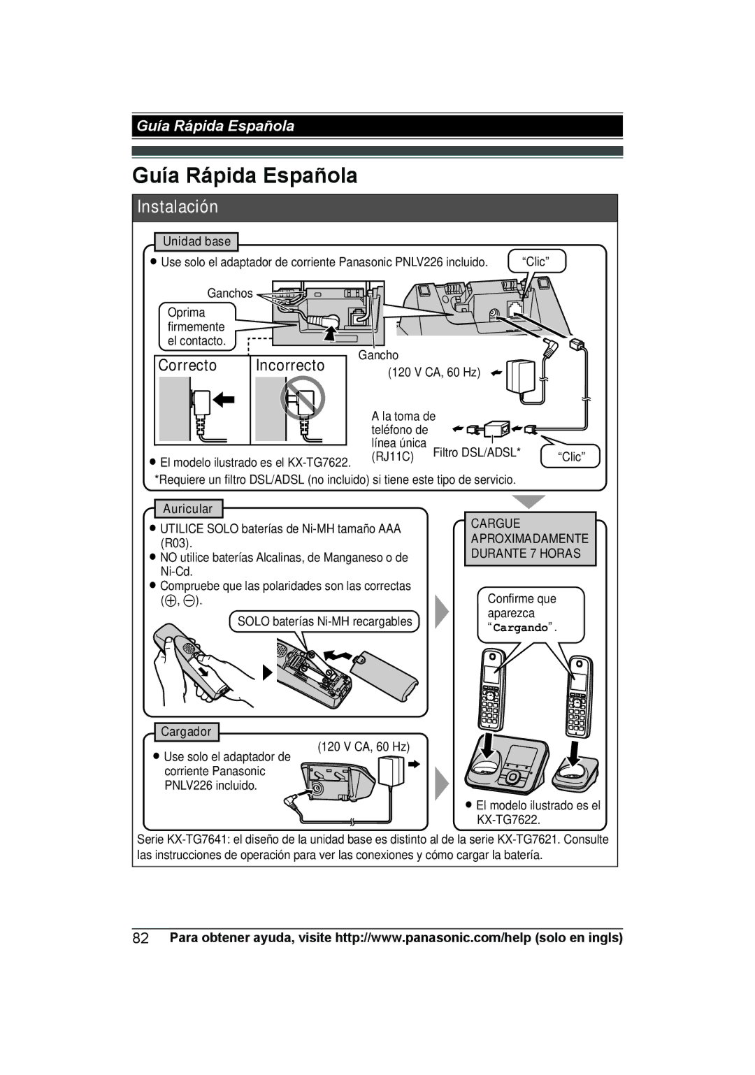 Panasonic KXTG7642M, KXTGA660B, KX-TGA660B Guía Rápida Española, Correcto Incorrecto, Unidad base, Auricular, Cargador 