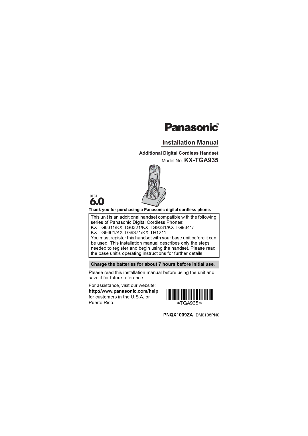 Panasonic KXTGA935 installation manual Installation Manual, Thank you for purchasing a Panasonic digital cordless phone 