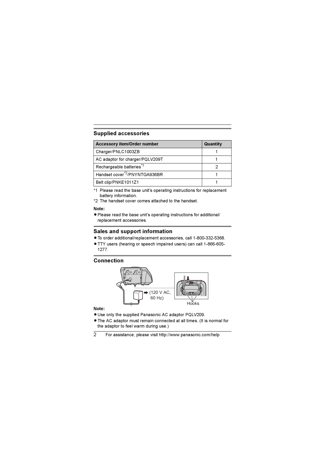 Panasonic KXTGA935 Supplied accessories, Sales and support information, Connection, Accessory item/Order number Quantity 