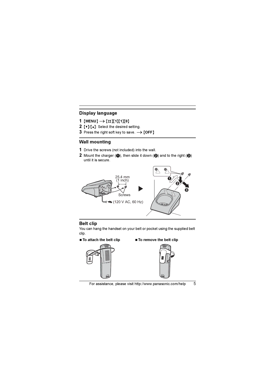 Panasonic KXTGA935 installation manual Display language, Wall mounting, Belt clip 