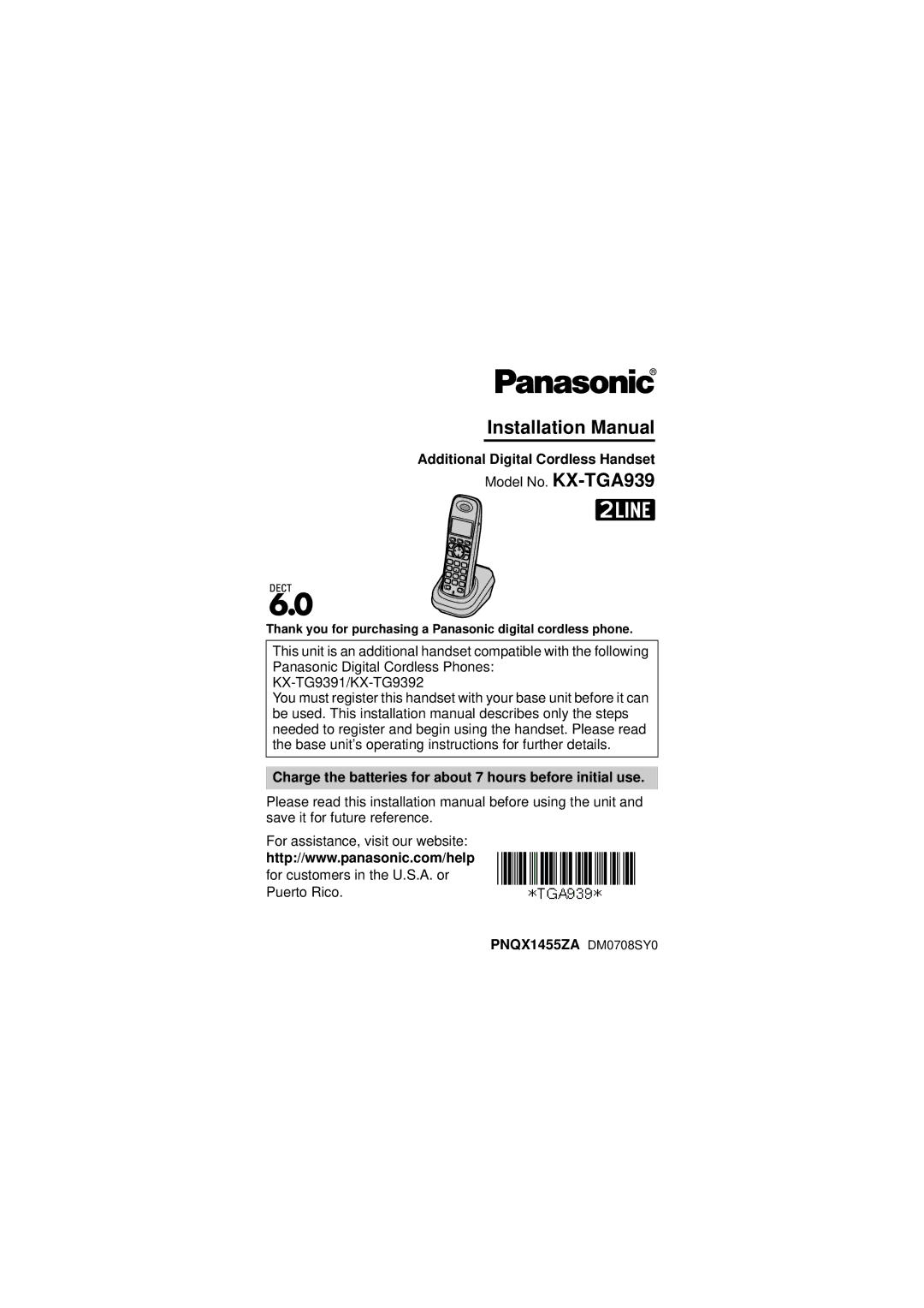 Panasonic KXTGA939T installation manual Installation Manual, Thank you for purchasing a Panasonic digital cordless phone 