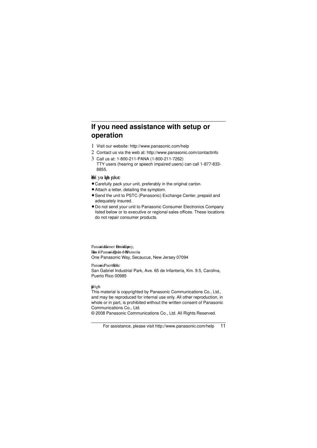 Panasonic KXTGA939T installation manual When you ship the product, Panasonic Puerto Rico, Inc, Copyright 