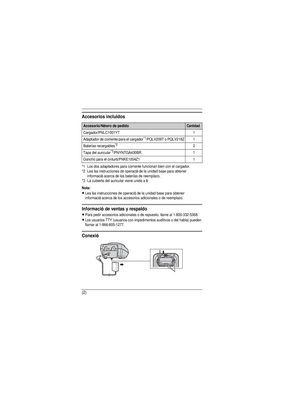 Panasonic KXTGA939T Accesorios incluidos, Información de ventas y respaldo, Conexión, Accesorio/Número de pedido, Nota 