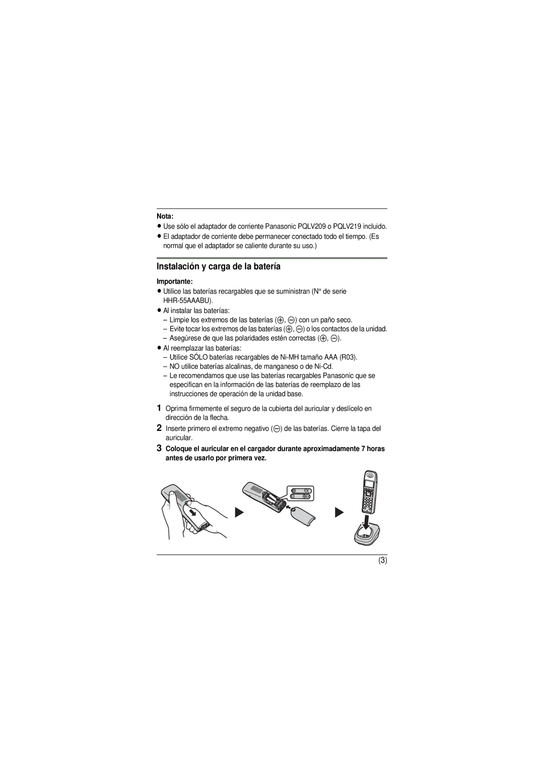 Panasonic KXTGA939T installation manual Instalación y carga de la batería, Importante 