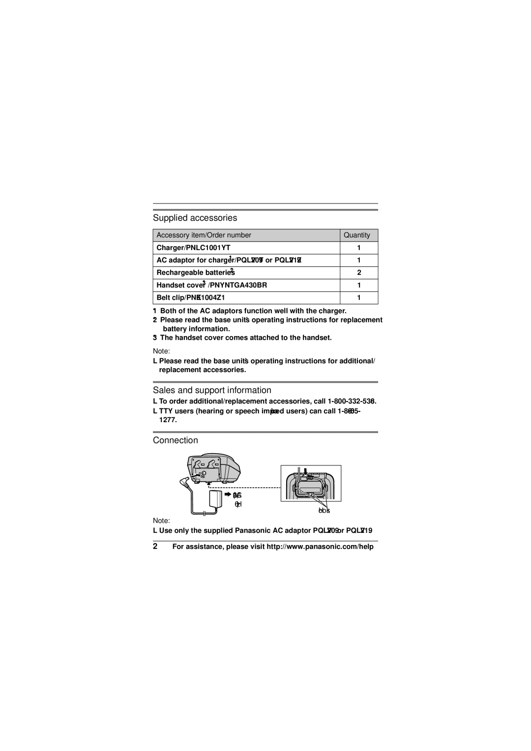 Panasonic KXTGA939 Supplied accessories, Sales and support information, Connection, Accessory item/Order number Quantity 