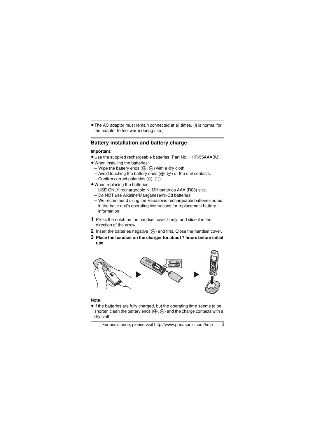 Panasonic KXTGA939T installation manual Battery installation and battery charge 