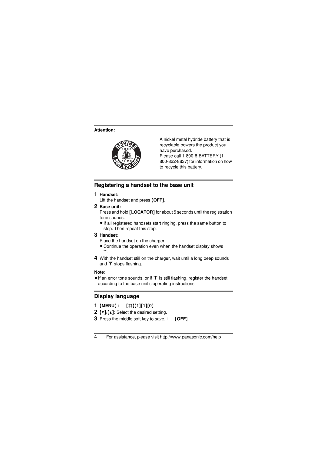 Panasonic KXTGA939T installation manual Registering a handset to the base unit, Display language, Handset, Base unit 