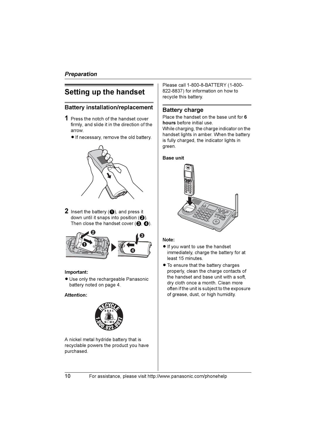 Panasonic KXTH111 operating instructions Setting up the handset, Battery installation/replacement, Battery charge 