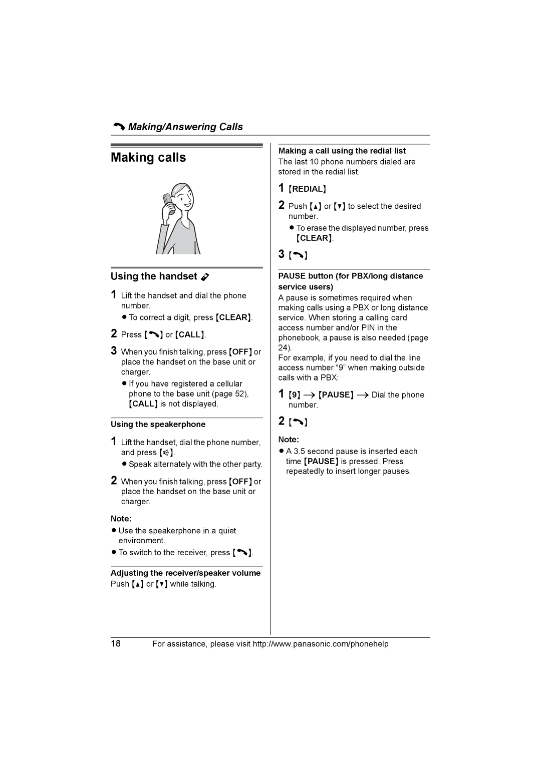 Panasonic KXTH111 operating instructions Making calls, Using the handset Y, Using the speakerphone 