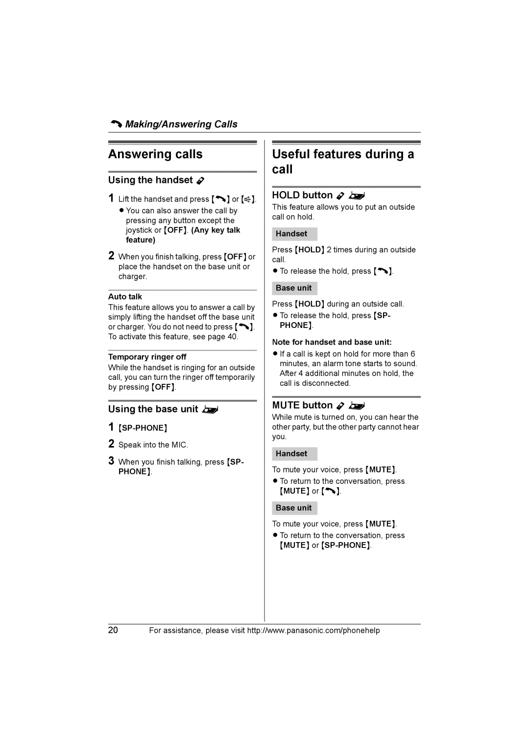 Panasonic KXTH111 Answering calls, Useful features during a call, Using the base unit, Hold button Y, Mute button Y 
