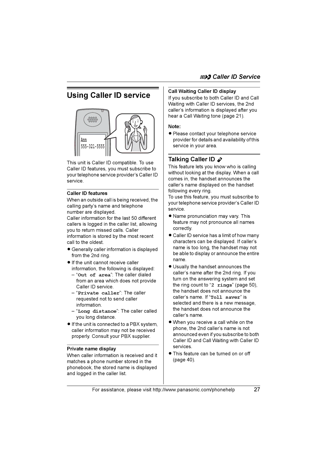 Panasonic KXTH111 Using Caller ID service, Talking Caller ID Y, Caller ID features, Private name display 