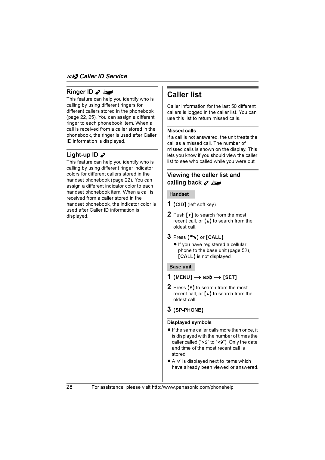 Panasonic KXTH111 Caller list, Ringer ID Y, Light-up ID Y, Viewing the caller list and calling back Y 