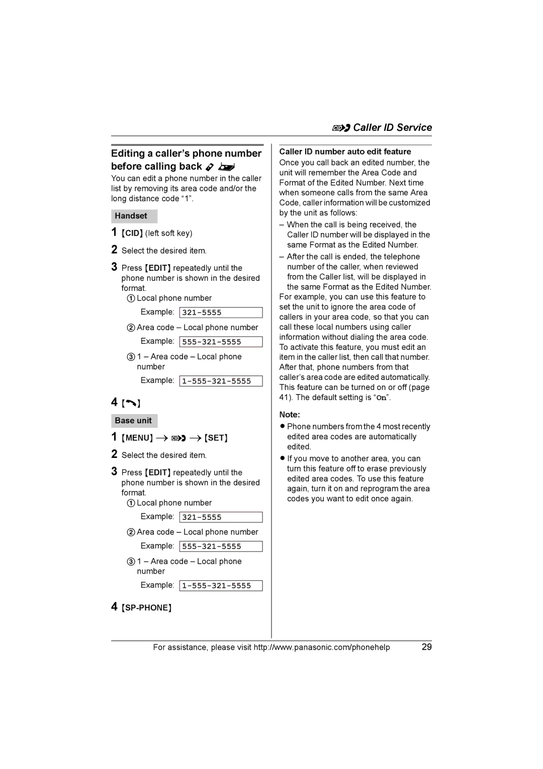 Panasonic KXTH111 Editing a caller’s phone number before calling back Y, Example, Caller ID number auto edit feature 