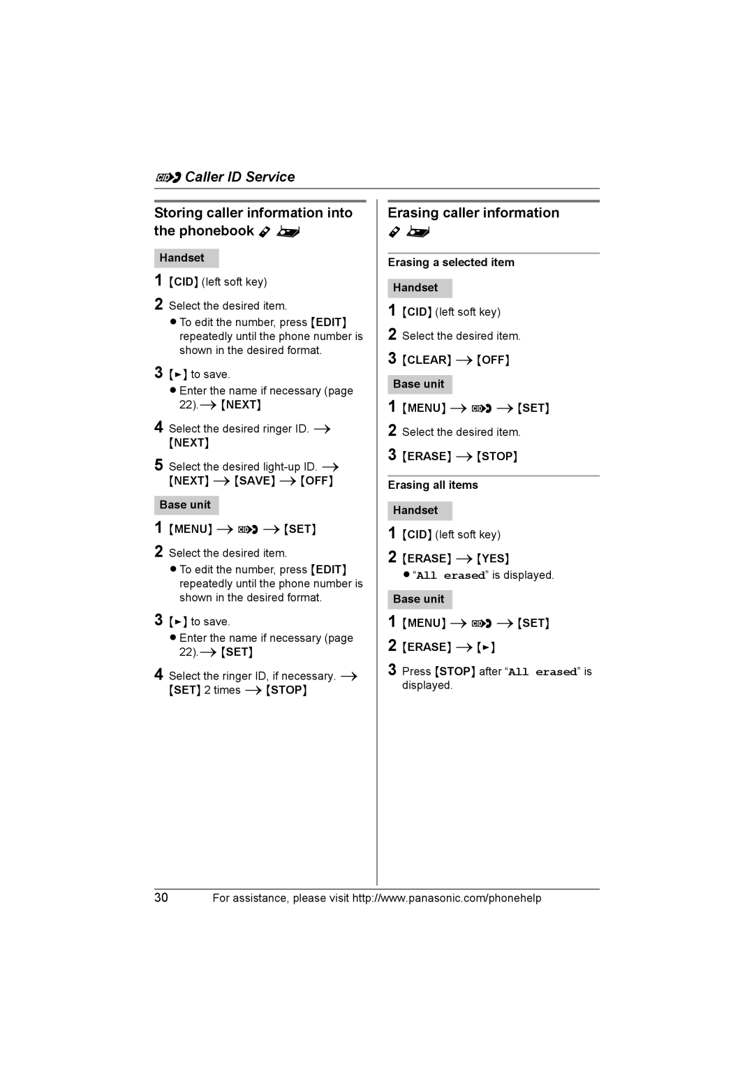 Panasonic KXTH111 operating instructions Storing caller information into the phonebook Y, Erasing caller information 