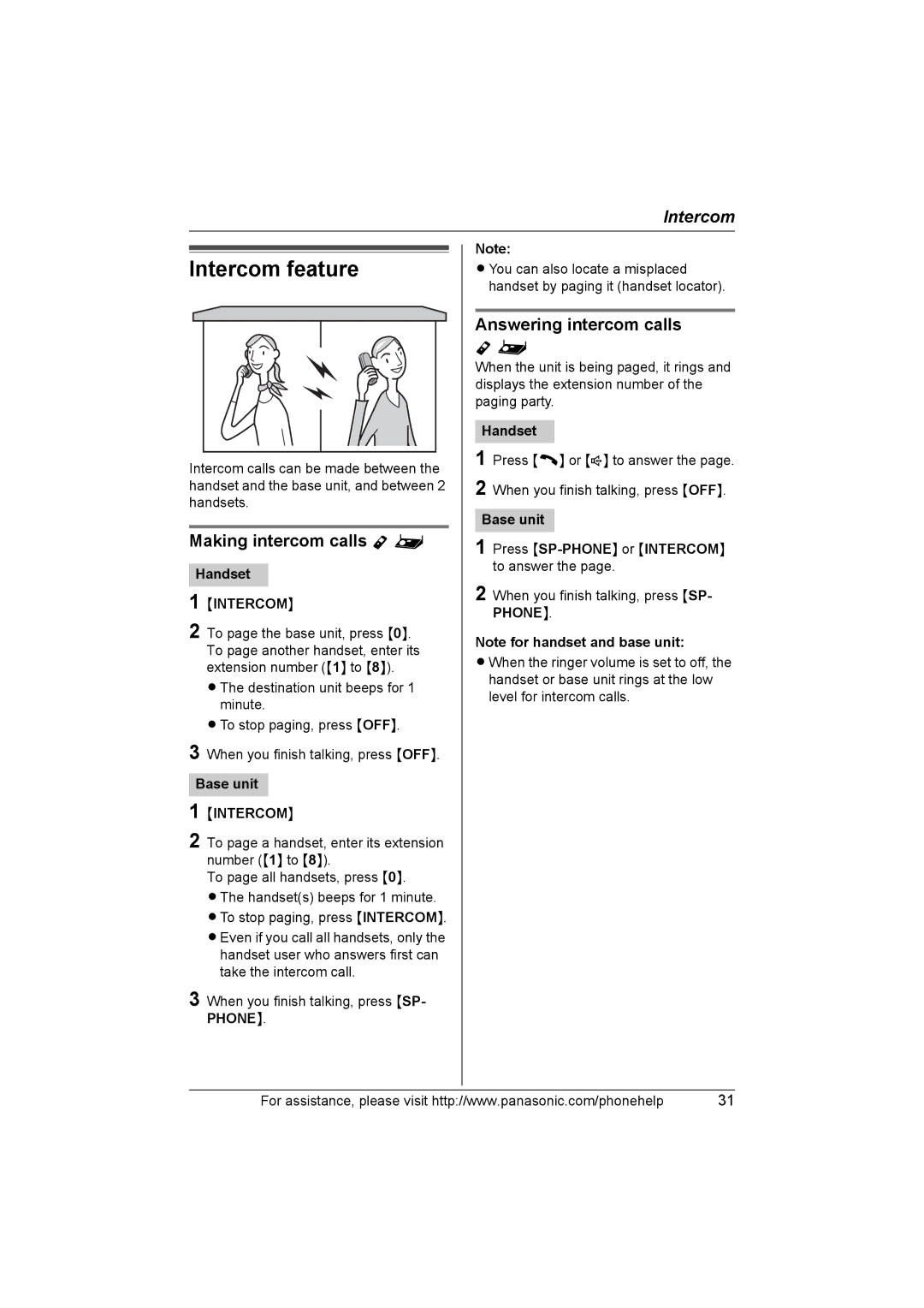 Panasonic KXTH111 operating instructions Intercom feature, Making intercom calls Y, Answering intercom calls 