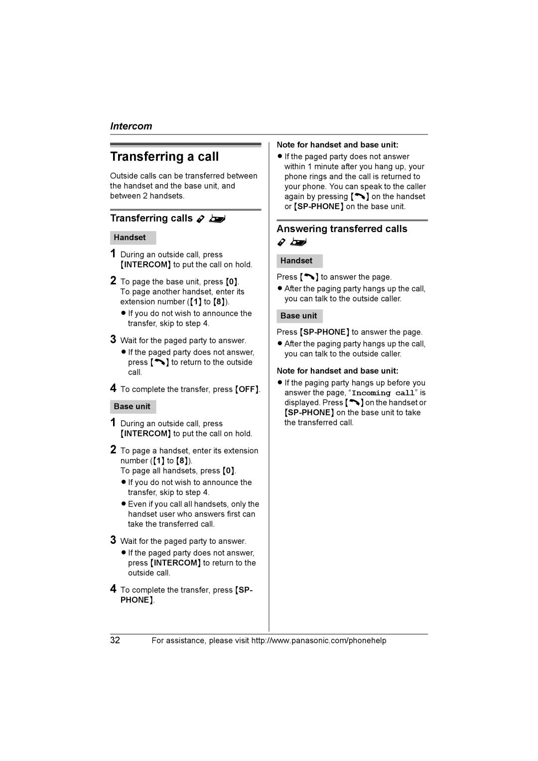 Panasonic KXTH111 operating instructions Transferring a call, Transferring calls Y, Answering transferred calls 