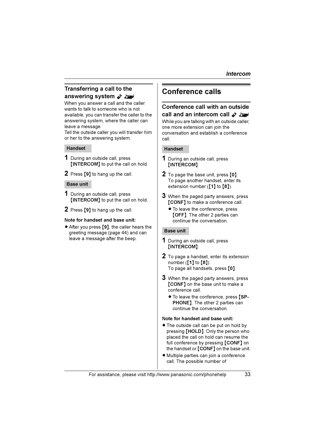 Panasonic KXTH111 operating instructions Conference calls, Transferring a call to the answering system Y 