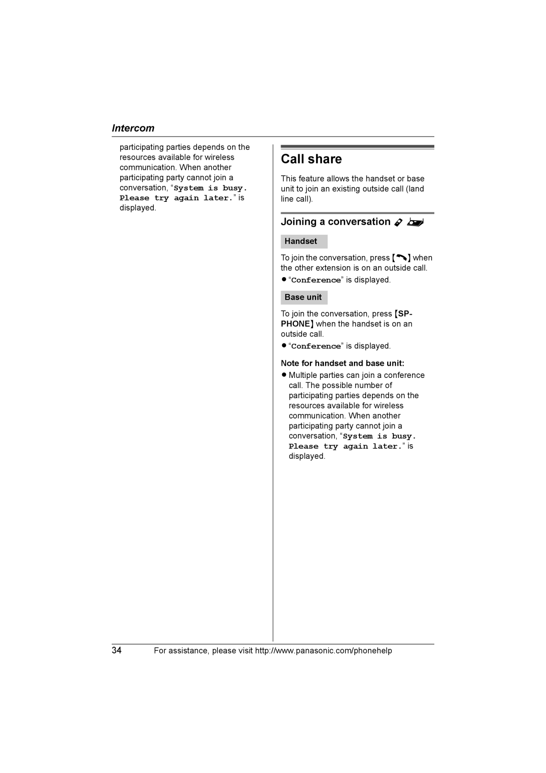 Panasonic KXTH111 operating instructions Call share, Joining a conversation Y 