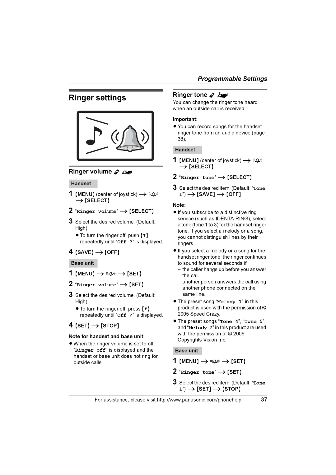 Panasonic KXTH111 Ringer settings, Ringer volume Y, Ringer tone Y, Ringer tone iSELECT, Ringer tone iSET 