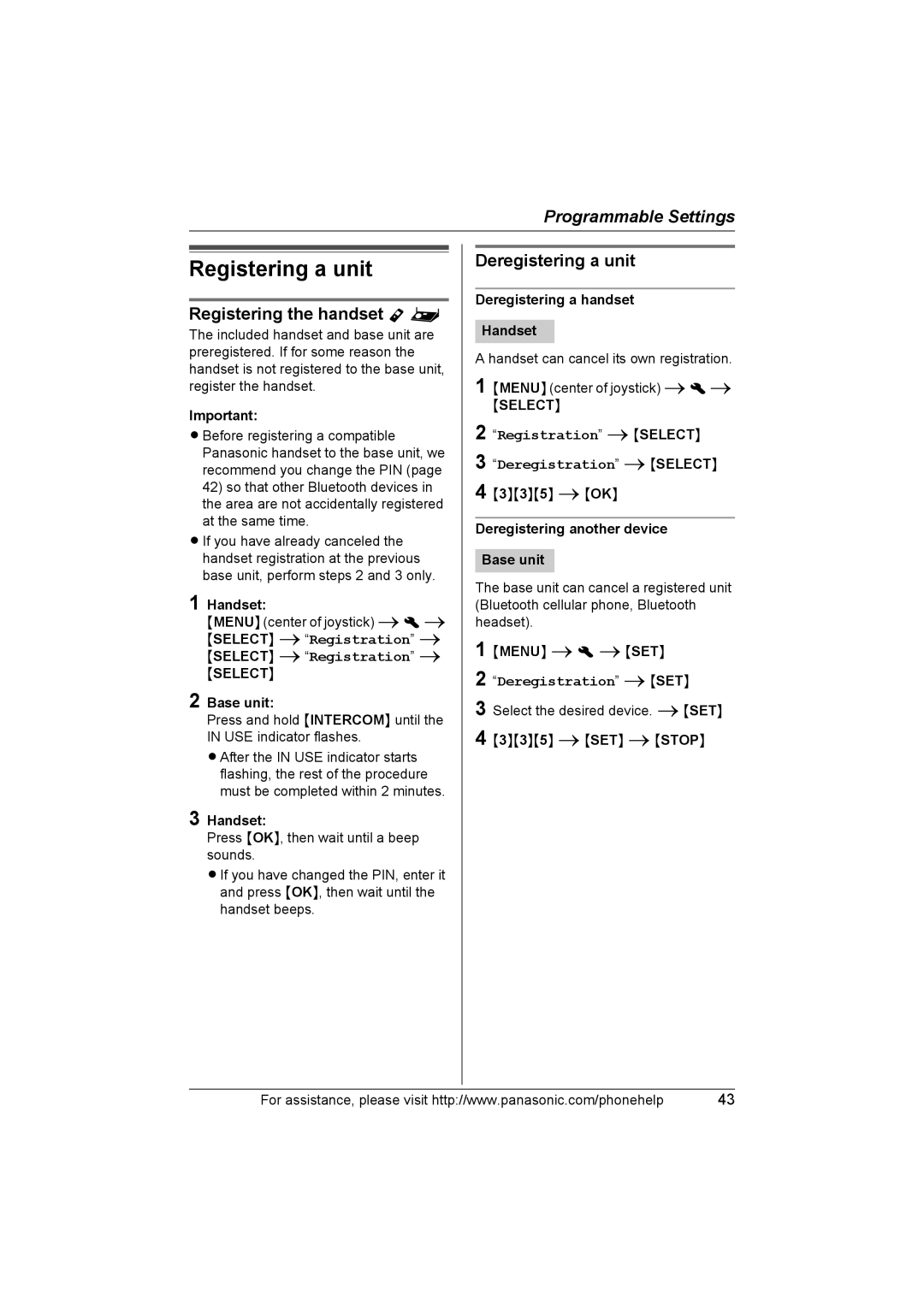 Panasonic KXTH111 Registering a unit, Registering the handset Y, Deregistering a unit, Registration iSELECT 