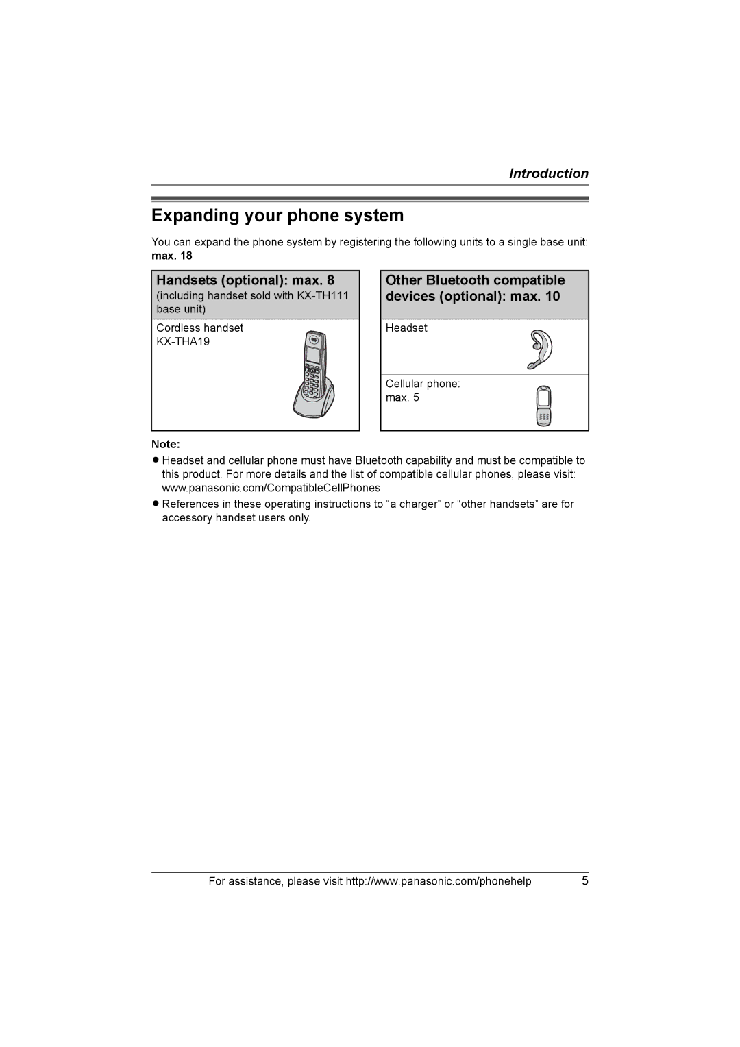 Panasonic KXTH111 Expanding your phone system, Handsets optional max, Other Bluetooth compatible devices optional max 